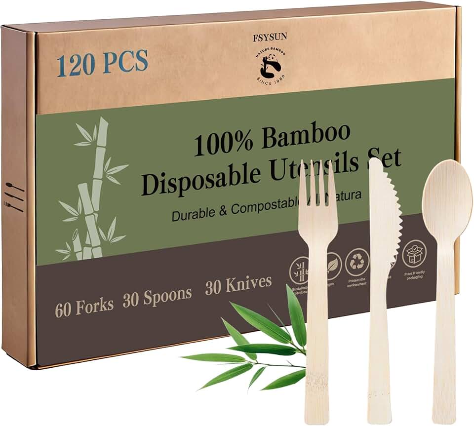 100% Bamboo Cutlery 120 Pack Set Disposable Compostable Utensils With Forks, Spoons And Knives - Eco-Friendly Biodegradable Party Cutlery (120 Assorted Set)