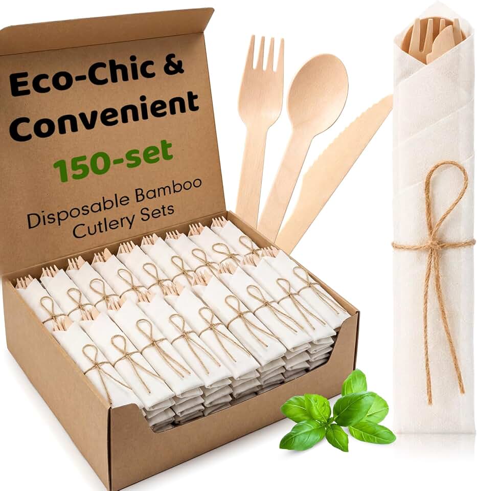 Nuenen 150 Pack Pre Rolled Bamboo Cutlery Napkin Set White | Wrapped Silverware with Fork Knife Spoon, For Parties Weddings Events, Convenient Sets, Natural Bamboo, Catering Use