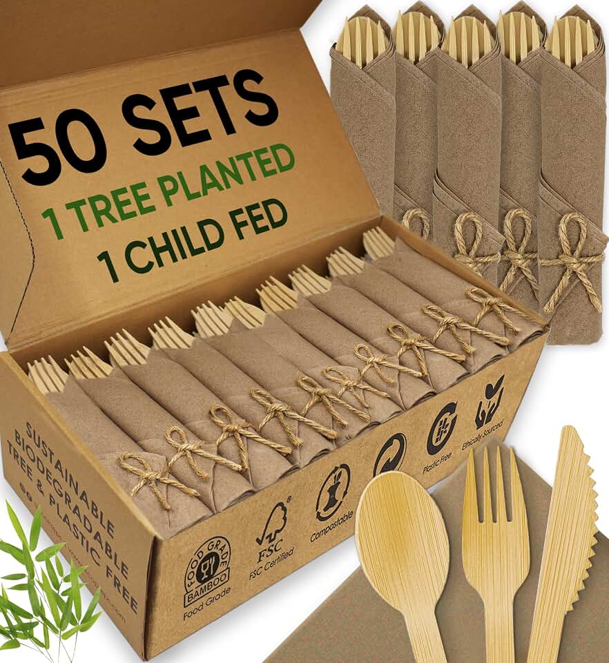 EcoPreps Brown Pre Rolled Napkin and Bamboo Cutlery Set (50 Pack, 200 PCS) | 100% Biodegradable, Eco-Friendly, Disposable Wrapped Cutlery | Deluxe Pre-Wrapped Bamboo Forks, Knives, Spoons, Brown Napkins