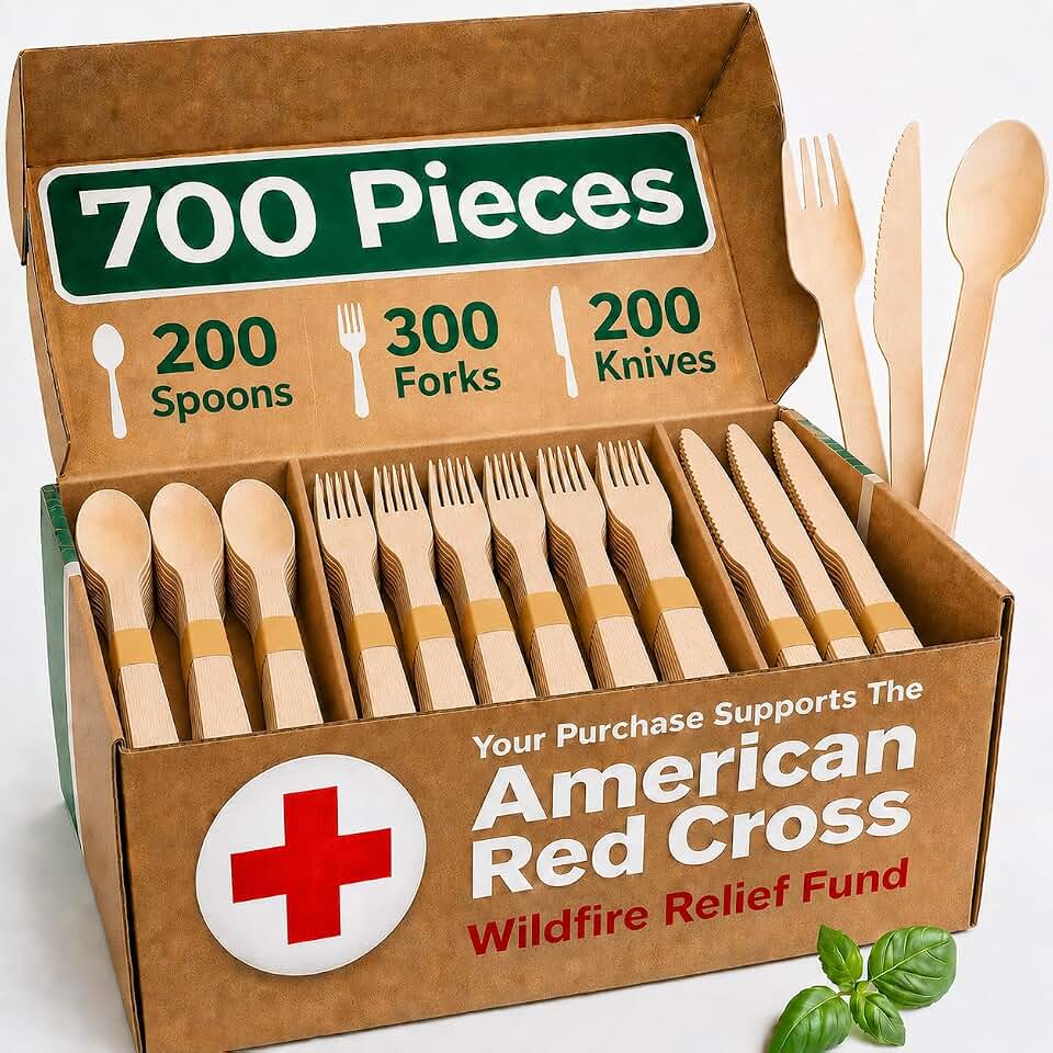 700 PCS Wooden Utensils - Disposable Utensil Set - Bulk Compostable Cutlery | FSC Certified, 300 forks, 200 spoons, 200 knives, Tasteless, Splinter-free, Biodegradable, Bulk Value, Durable, eco-friendly