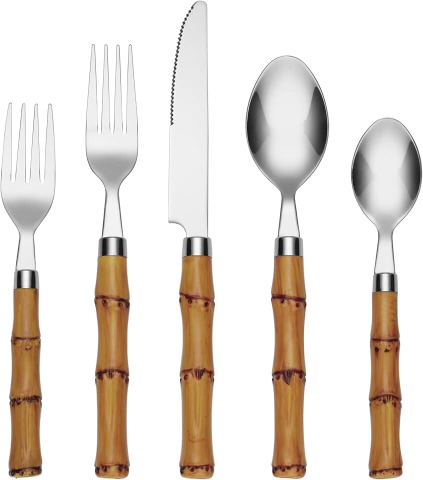 Cambridge Bamboo Plastic Handle 20-Piece Silverware Set for 4, Flatware | silver, dishwasher safe | plastic handles | knives, forks, &amp; spoons | heavy duty, utensil cutlery set for kitchen and dining