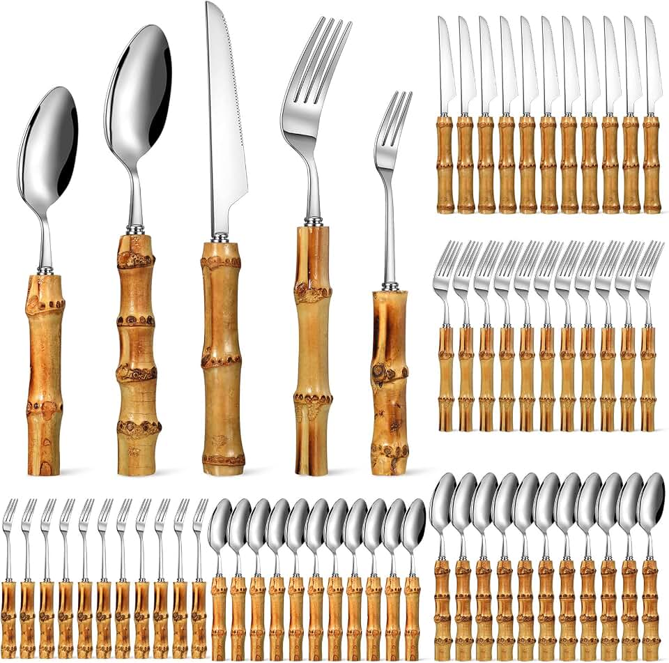 EBOOT 60 Pcs Bamboo Silverware Set 18/8 Stainless Steel Flatware Set | Natural Bamboo Handle Cutlery Kit Tableware Utensil Set Spoon Fork Knives for Kitchen Wedding Home Restaurant Party, Silver