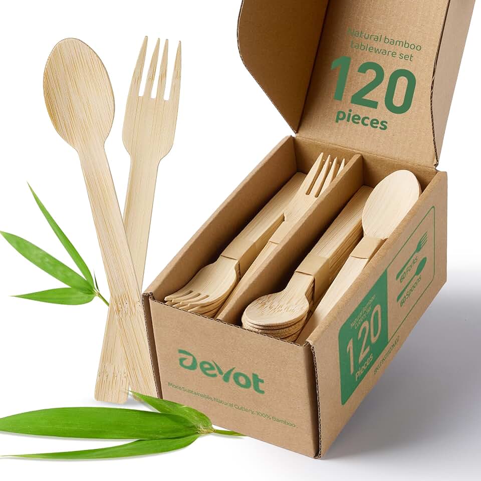 Devot 100% Bamboo Disposable Cutlery Set - 120 Mix (60 Forks,60 Spoons) | 6.7", Eco Friendly Utensils, Biodegradable, Compostable, Splinter Free and Perfect For Weddings, Camping, Party