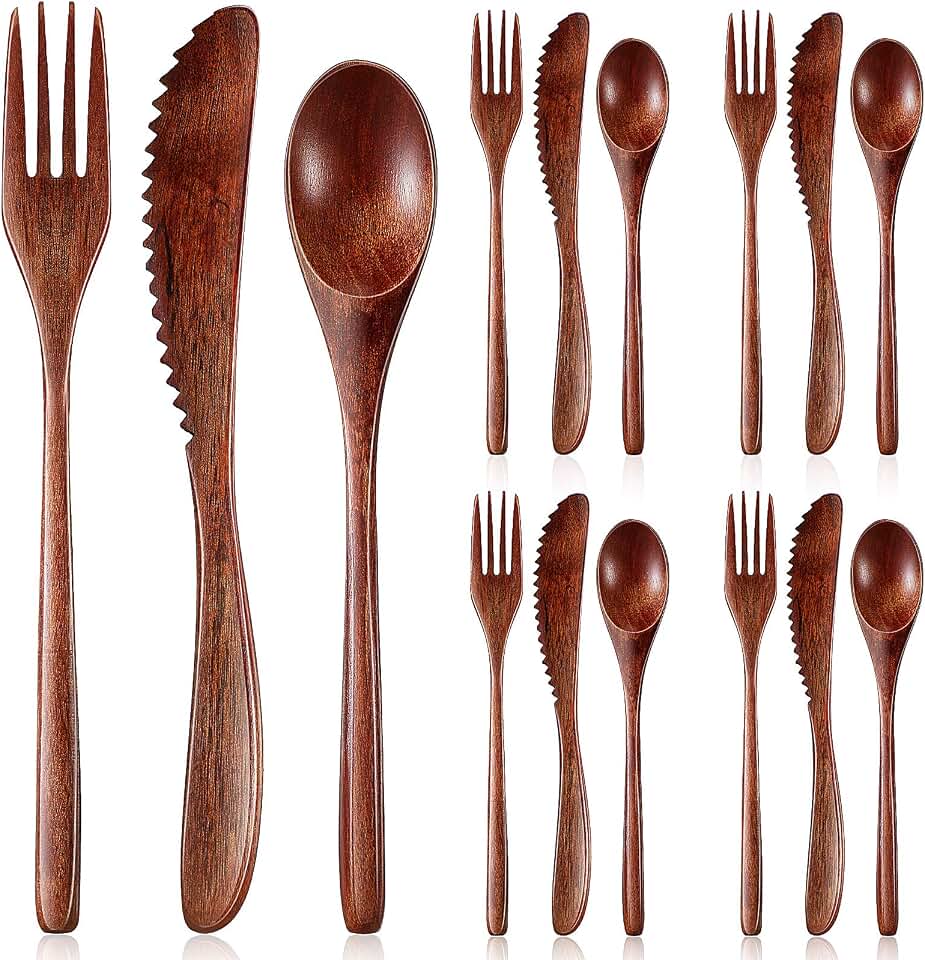 Geiserailie 12 Pcs Wooden Utensils for Eating Wooden Spoon Fork Knife Set | Reusable Cutlery Set, Dinner Silverware, Natural Wood Flatware, Kitchen Tableware
