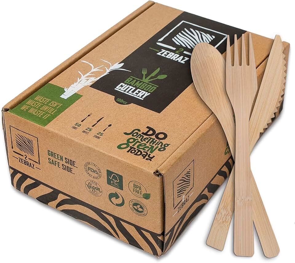 Bamboo Cutlery Set 100pc Disposable - 50 Fork 25 Knife 25 Spoon | Heavy-duty reusable natural bamboo flatware for parties, weddings, BBQ, camping and catering; sturdy silverware alternative