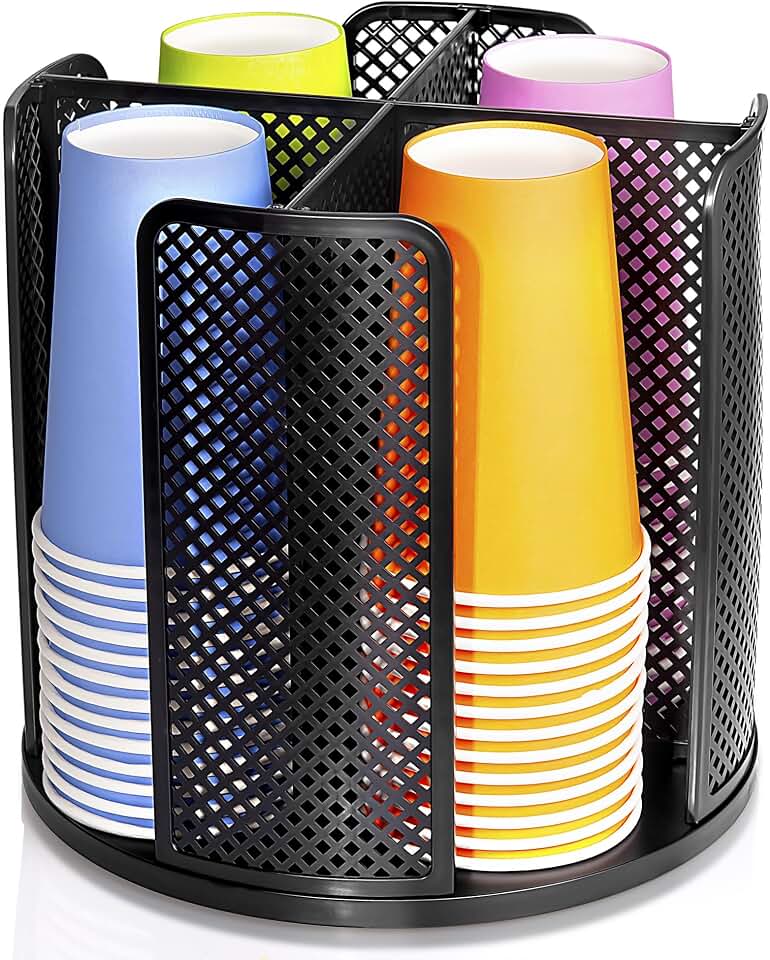 Rotating Paper Cup Dispenser, Cup Holder with 4 Compartments, Disposable Coffee Cup Dispenser Removable, Plastic Cup Storage &amp; Lid Holder for Countertops, Kitchen, Coffee Stations (Black)