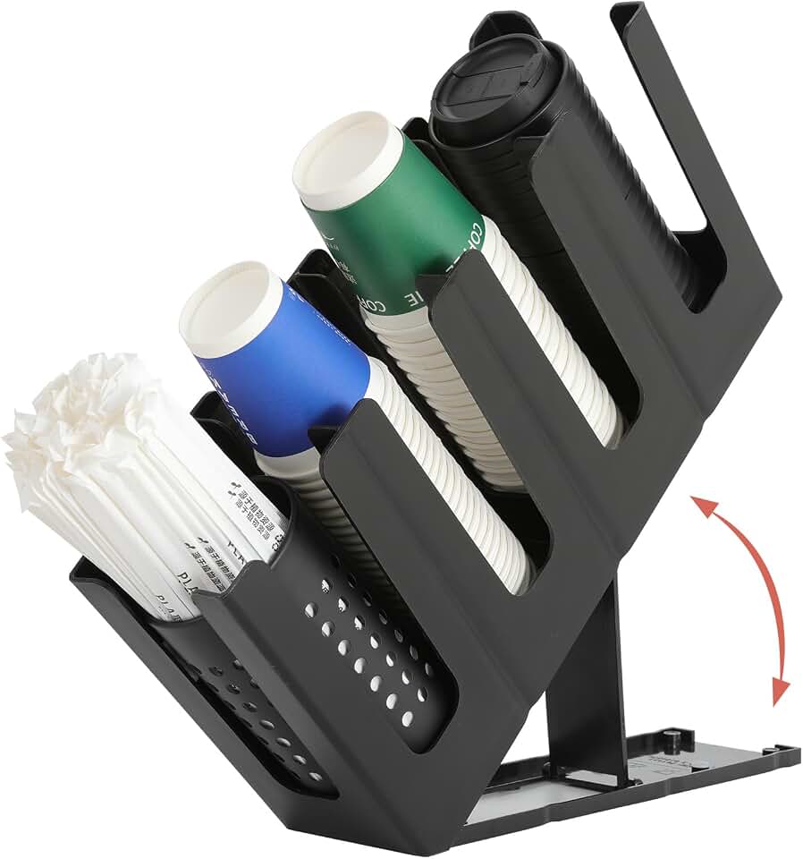 Paper Cup and Lid Holder with Straw Organizer,4 Compartment Adjusting,Coffee Cup Dispenser for Countertop,Coffees Station,Bar Restaurant,Black