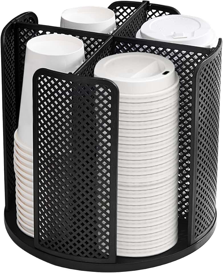 Cup and Lid Organizer Cup Dispenser Coffee Cup Organizer Paper Cup Holder Rotating for Bathroom, Restaurant, Break Room, Coffee Station, Bar, Buffet, Kitchen Cabinet, Countertop,4 Compartment