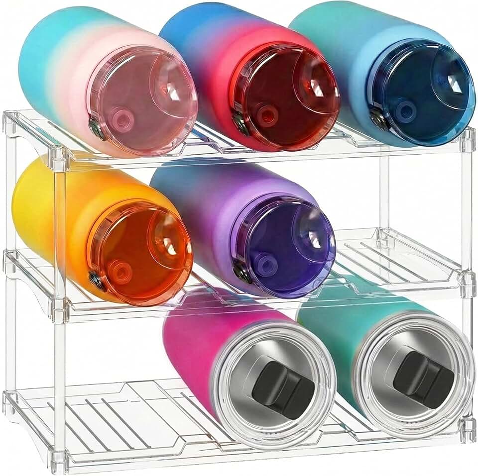Lifewit Stackable Water Bottle Organizer, Clear Tumbler Holder for Cabinet | Large Slot for Up to 40 oz Cups, Plastic Wine Rack for Fridge, Pantry, Kitchen Organization &amp; Storage, 3-Tier Holds 9 Bottles Recycled Claim Standard 100