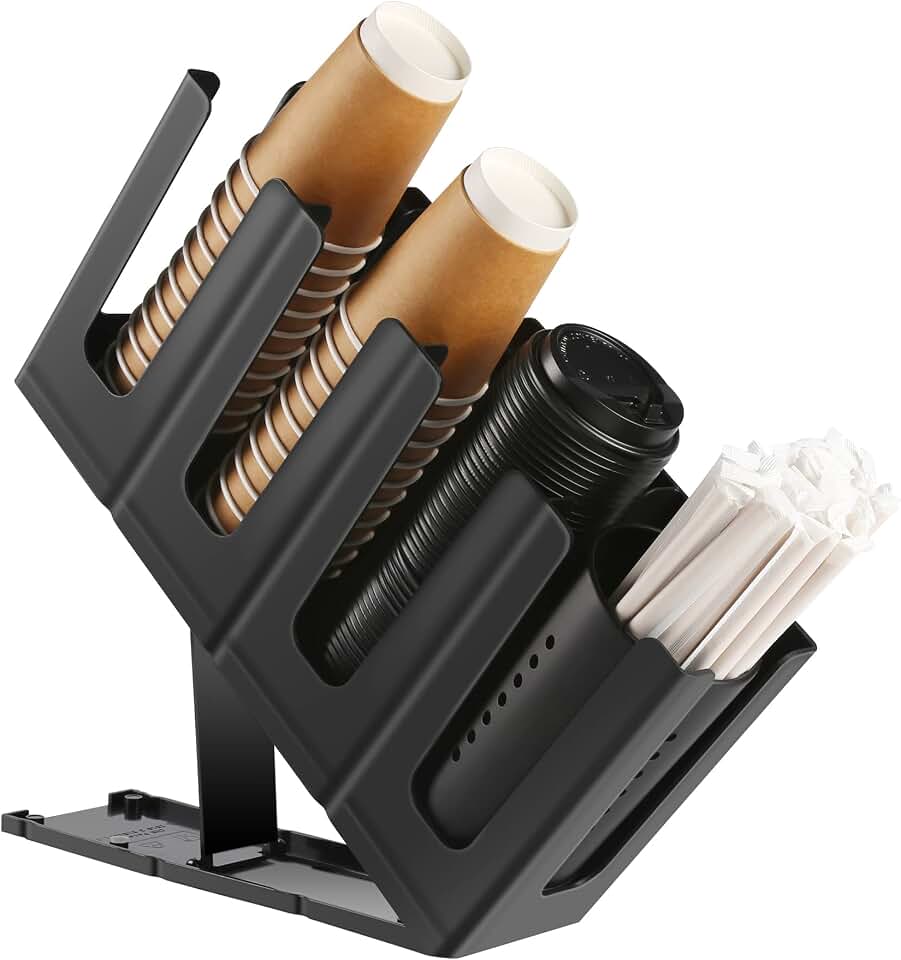 Paper Cup and Lid Holder with Straw Organizer for Coffee Station | Disposable Coffee Cup Dispenser for Countertop Restaurant Breakroom, Black
