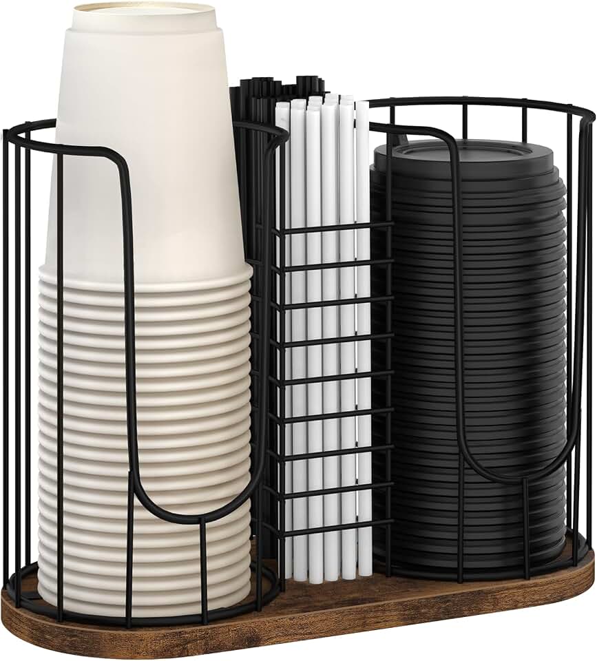 Coffee Cup Holder for Countertop, Plastic Cup and Lid Dispenser | 3-Compartment Paper Cup Dispenser with Wood Base, Disposable Coffee Cup Organizer, Lids and Straws Holder for Coffee Station