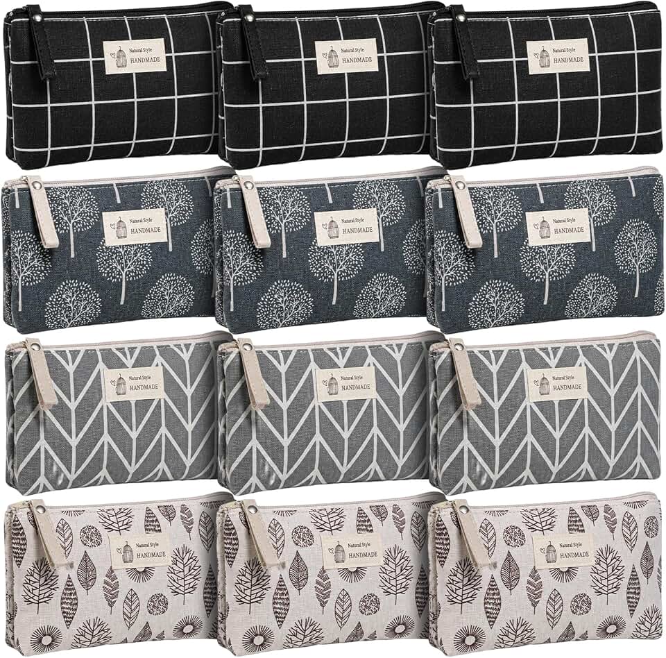 12 Pcs Printed Canvas Cosmetic Bags, Travel Makeup Bag Bulk | Multi-Function Cute Canvas Makeup Pouch with Zipper, 4 Stylish Designs for Women, Travel, Gym, Daily Use