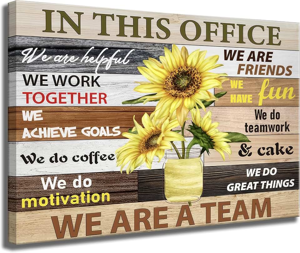 KADEYEE Inspirational Office Wall Art - Motivational Teamwork Quotes & Sunflower Decor - Framed Canvas Prints - 12x16in
