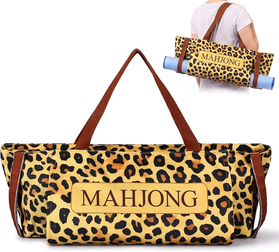 Abbylike 28" x 9" Mahjong Storage Bag with Leopard Print, Canvas | Large Capacity Empty Mahjong Tote Bag with Zipper Closure, Outer Pockets and Lining for Rolled Mat Tiles, Racks, and Pushers, Bag Only