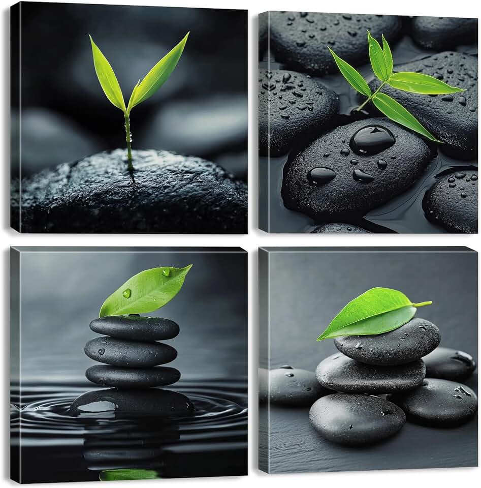 Zen Wall Art Black Pebble Stone in Calming Water Scene with Green Bamboo Leaves Bathroom Decor Canvas Prints for Home Office Modern Artwork 12x12" 4P
