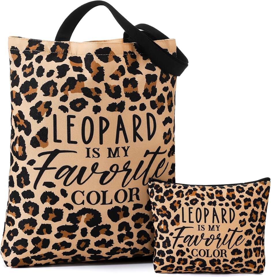 Leopard Print Makeup Bag and Tote Gift Set for Women | Cheetah Canvas Zipper Pouch Purse Pencil Case Grocery Period Gym Book Bag