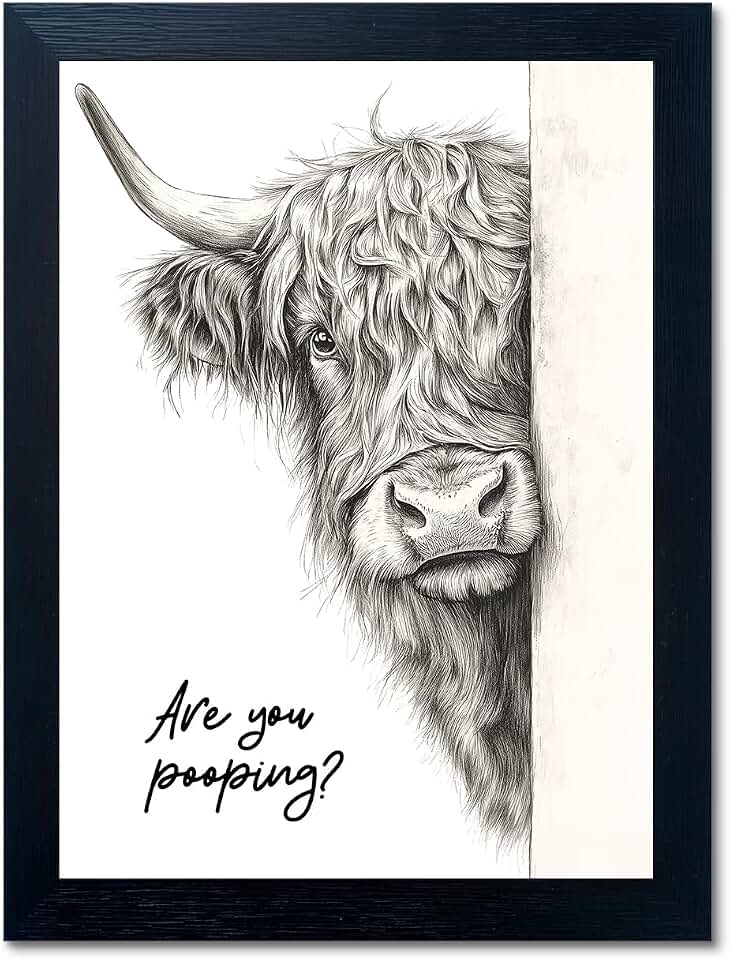 Highland Cow Bathroom Wall Art - Rustic Farmhouse Wall Decor with Humorous Are You Pooping Canvas Print, Cute Animal Canvas Art for Restrooms - Black Framed Cow Pictures Wall Decor Ready to Hang 8"x10