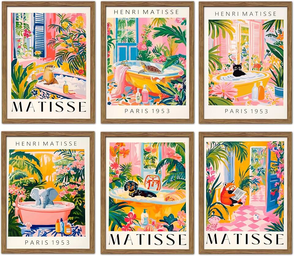 Vintage Matisse Canvas Wall Art Set of 6, Whimsical Cute Animal Prints, Colorful Abstract Artwork for Animal Lovers, Modern Funny Bathroom Decor 12x16in Unframed