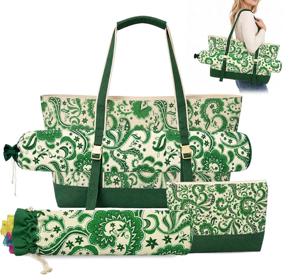 4Pcs Mahjong Tile Bag Set for American Mahjong, Racks, Mat | Portable Mahjong Carry Bag with Built-in Mat Holder Accessories Organizer for Rack Pushers, Green Floral Print