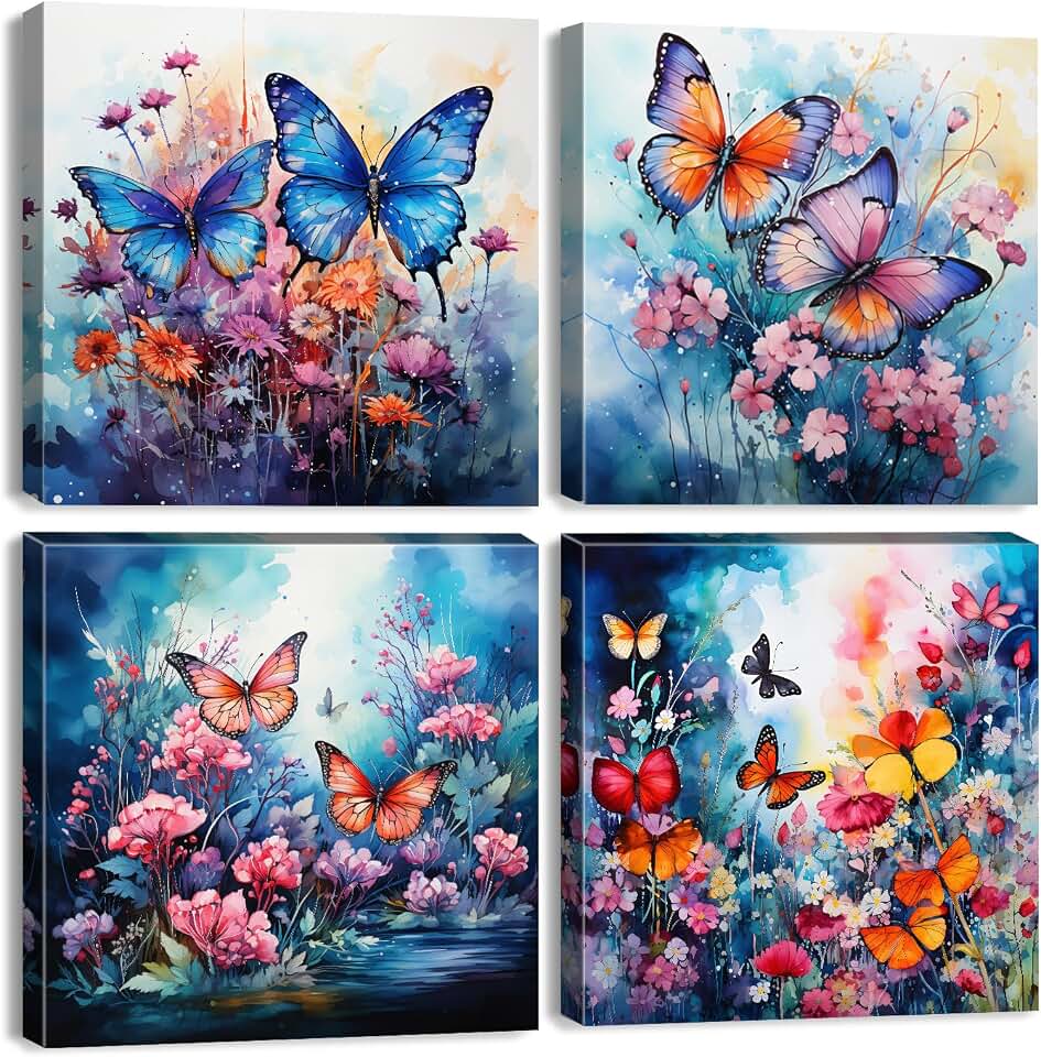 Blue Butterfly Wall Art 12x12" 4-Piece Bathroom Decor Set Abstract Nature Prints
