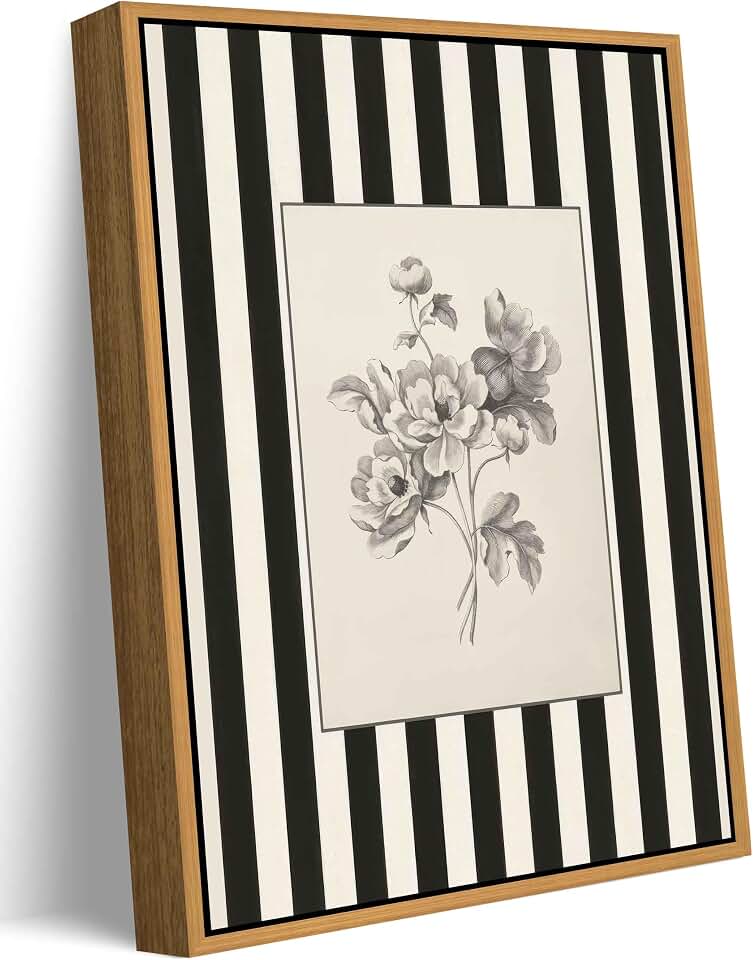 Vintage Floral Painting Canvas Wall Art with Yellow Striped Frame and Black White Floral Design for Home Decor in Bedroom, Living Room, or Kitchen
