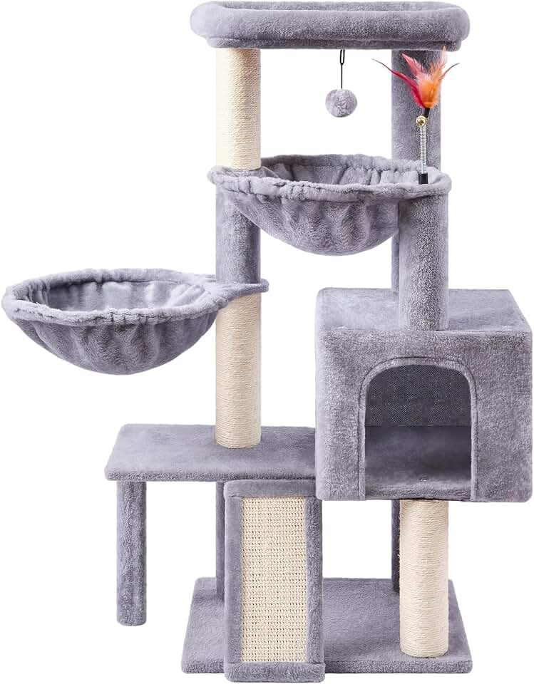 Cat Tree with Condo and Two Hammocks, Cat Tower with Scratching Posts and Pads, Indoor Cat Climbing Centre with Playful Toy Balls, Grey