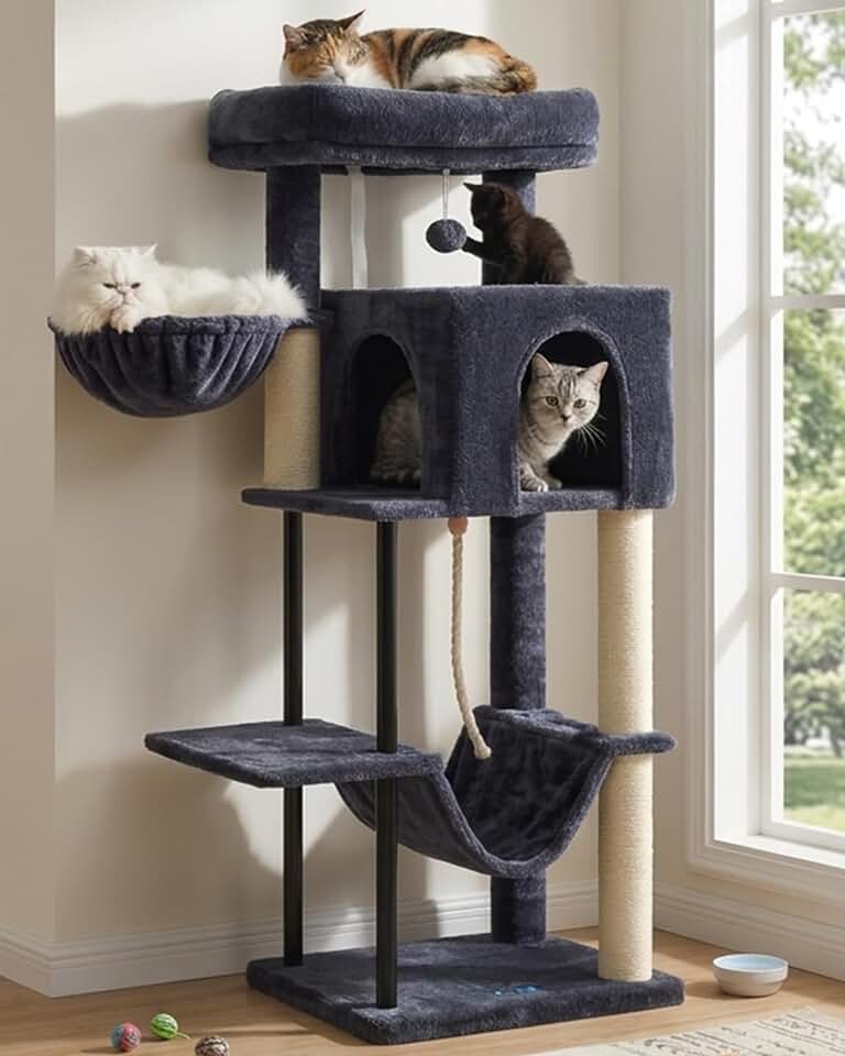 Gitelsnour Cat Tree, Cat Tower for Indoor Cats, 43.3 inch Sturdy Steel Cat Tree Tower with Hammock, Cat Condo for Small Cats and Kittens, Scratching Post, Smoky Gray GCT004SG Global Recycled Standard