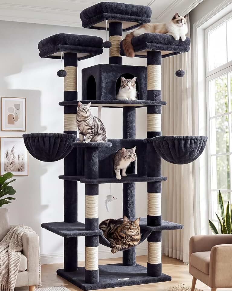 Globlazer Big XXL Cat Tower for Indoor Multiple Cats, F80, Dark Grey | 80 inch Cat Tower for Adult Cats Cat Tree with Scratching Post, Hammock, 3 Perches, 2 Condos, 2 Hanging Baskets
