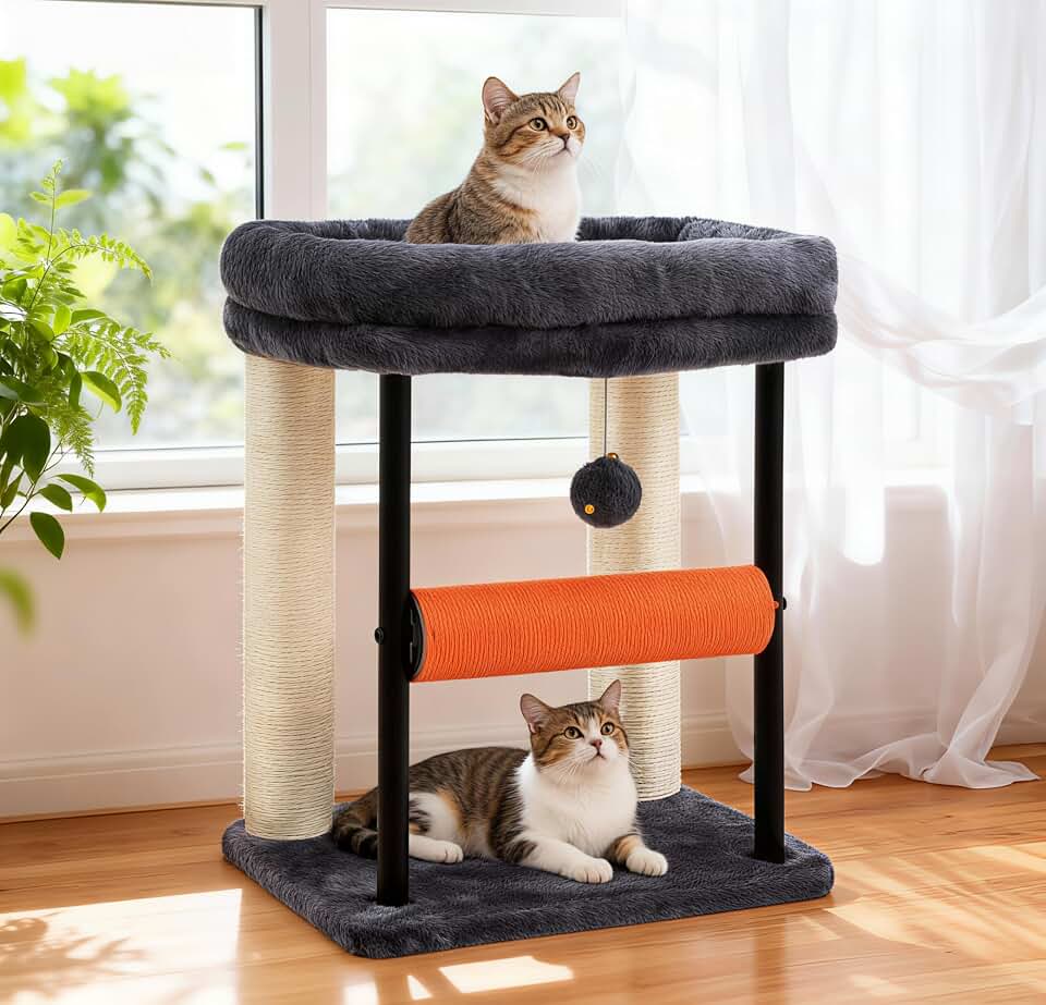 Hey Brother Cat Tree Tower, Sturdy Column with Sisal Wrap, MPJ010SG | 18.9" Cat Scratching Post with Bed, Plush Toy Ball for Indoor Kittens, Smoky Gray Global Recycled Standard