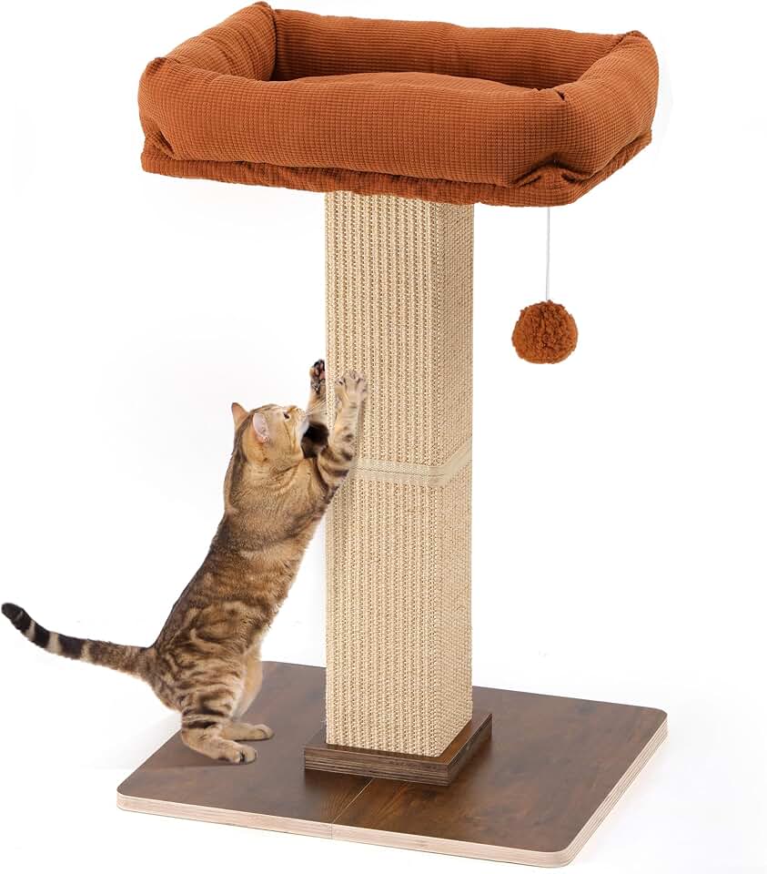 Fukumaru Retro-Style Cat Scratching Post with Perch for Indoor Adult Cats - 28.7" Elevated Tall Cat Bed, Solid Wood Large Cat Scratcher Tower with Bed, Aesthetic Cat Tree Furniture with Natural Sisal Rope