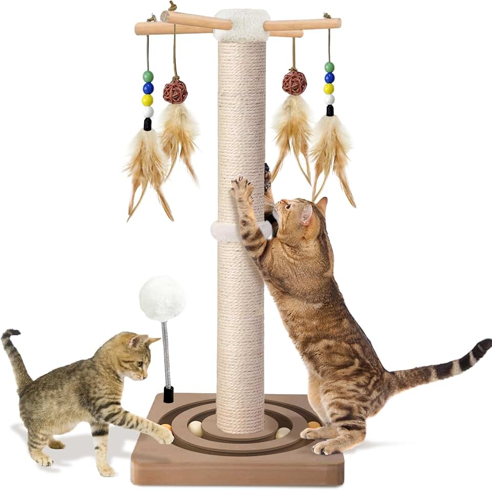 Indoor Cat Scratching Post with Enrichment Toys | 25" Cat Tree Tower for Kittens, Featuring 7 Interactive Toys, 2 Mount Options, Thickened Wooden Base and Double Ball Track.