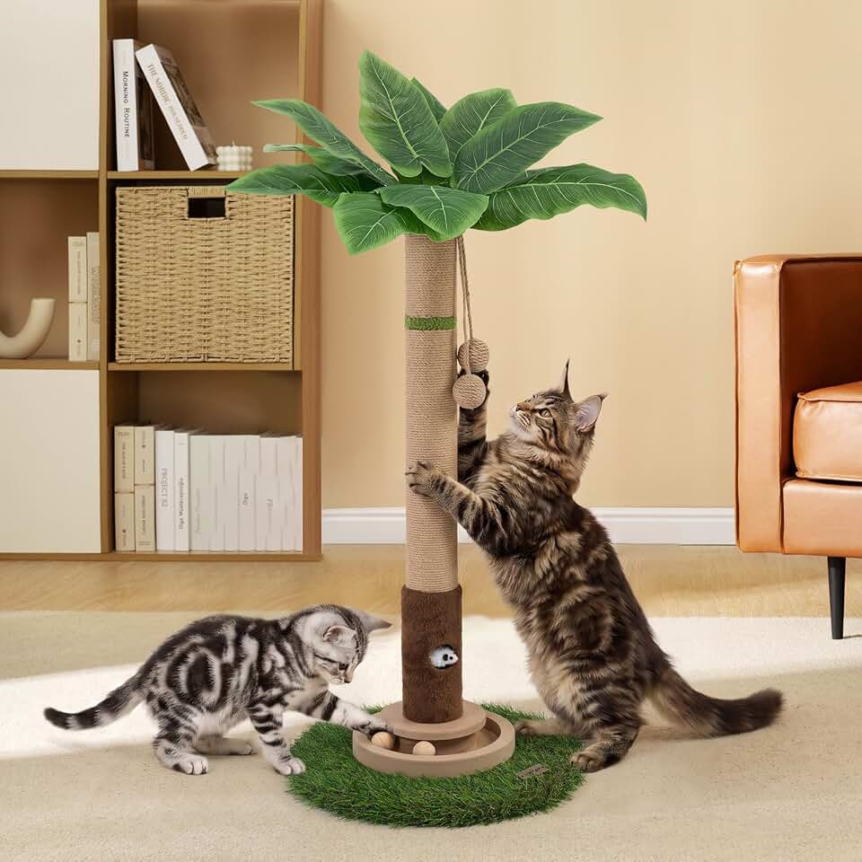 Woochpet Tall Cat Scratching Post for Large Cats, Heavy Duty Cat Tree with Ball Track, Modern Indoor Cat Furniture for Sofa Protection, Global Recycled Standard.
