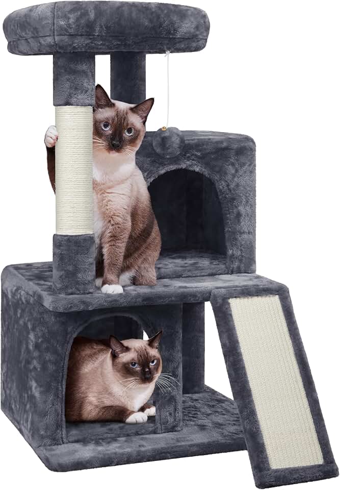 Yaheetech 36in Cat Tree Tower for Senior Kittens | Sturdy Wooden Construction, Low-Entry Condos &amp; Ramp for Easy Senior Joint Mobility, 3-Tier Play-Nap for Kittens to Adults, Anti-Tip Strap Included The Forest Stewardship Council Certification
