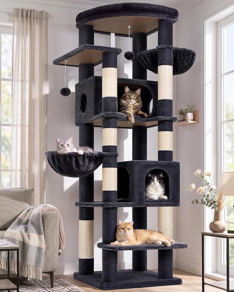 Globlazer 74in Heavy Duty Cat Tree Tower for Large Adult Indoor Cats, S74 - Sturdy Cat Tower with 7 Scratching Posts, 2 Padded Condos, Dual-Ear Baskets, and Enlarged Perch