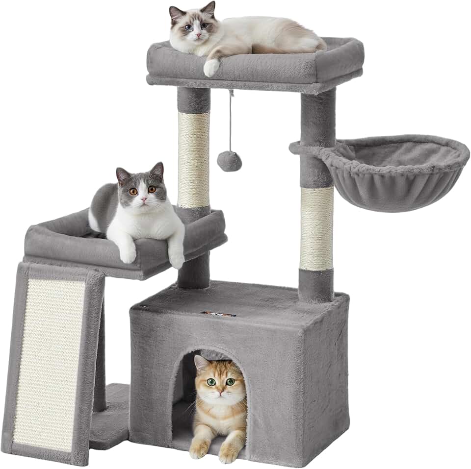 Feandrea Cat Tree Tower, 33.8" Cat Condo, Scratching Posts and Ramp, Dove Gray | 2 Large Perches, a Cozy Cave, a Comfy Hammock, a Little Ball, UPCT013GD01