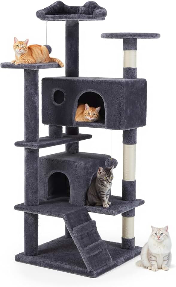 54 Inch Cat Tree Tower with Sisal Scratching Posts | Multi-Level Cat Condo with Climbing Ladder, Play Toy Balls House for Indoor Cats, Grey