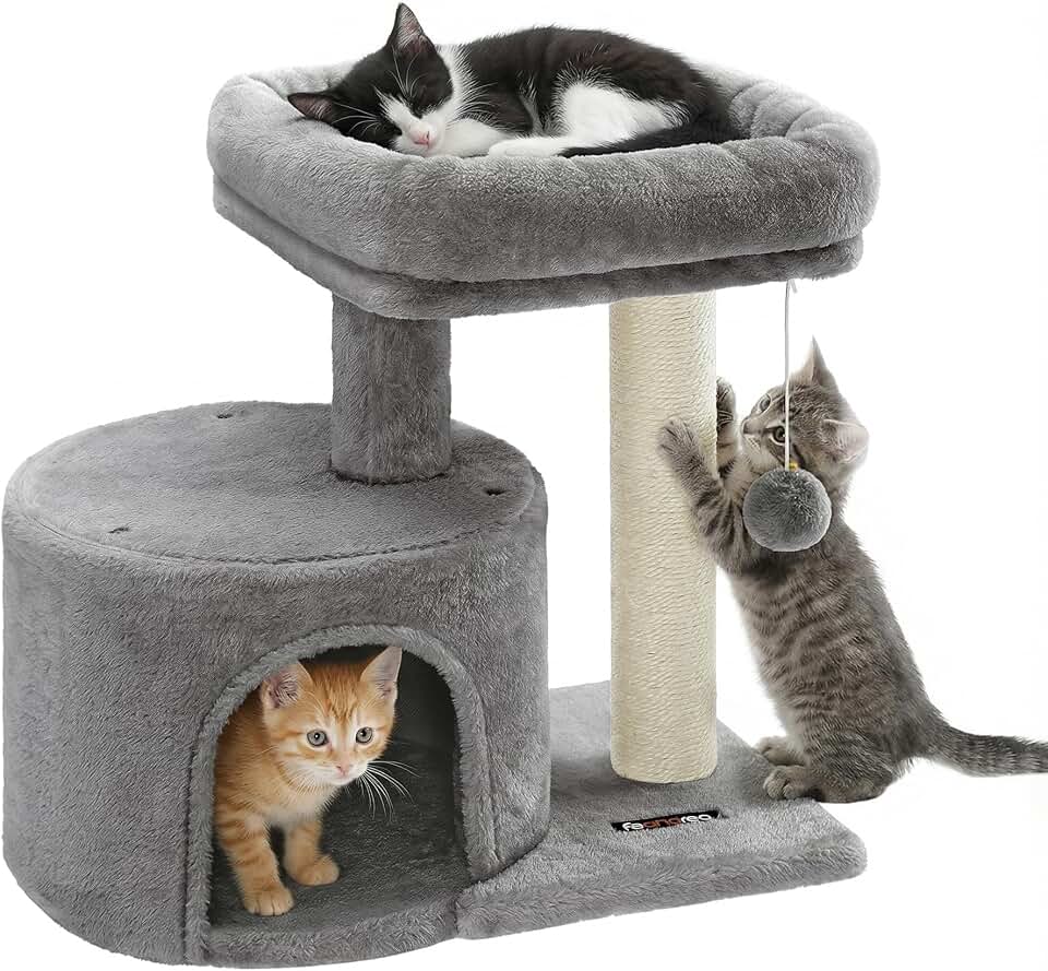 Feandrea Cat Tree, 18.5-in Small Cat Tower, Adorable Kitty Condo, Light Gray | Perfect for Small Space Rooms, with Sisal Scratching Posts, Large Padded Perch, Spacious Cave, Toy Ball, Easy Assembly