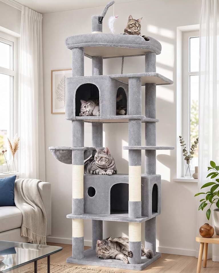 Globlazer Large Cat Tree for Adult Cats, Heavy Duty Indoor Cat Tower, F74B | 74in Tall Cat Tower, Simple Setup, Extra-Large Perch, 2 Spacious Condos, Hanging Basket, 5 Sisal Posts, Stabilizing Strap, Light Grey