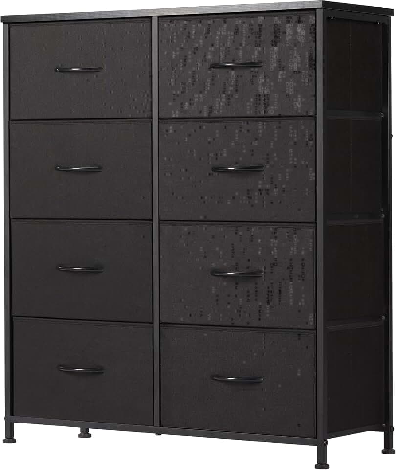 Sweetcrispy 8 Drawer Black Dresser for Bedroom Tall, Organizer Storage | Fabric Storage Tower, Chest of Drawers with Steel Frame, Wood Top for Living Room, Closet