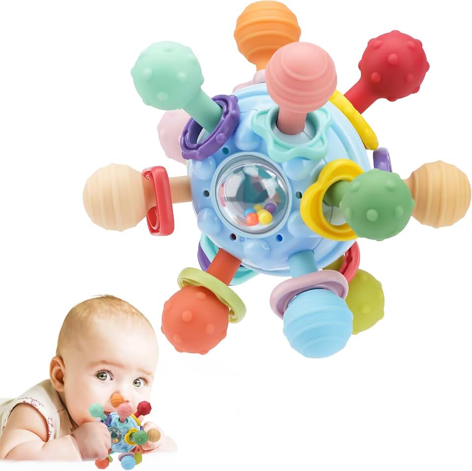 Baby Montessori Sensory Teething Toy 0-6 6-12 Months, Teether Ball &amp; Rattle | 12 Textured Silicone Teething Ball, BPA Free, Easy to Hold, Infant Developmental Toys for 3 6 9 12 Months, Newborn Gifts