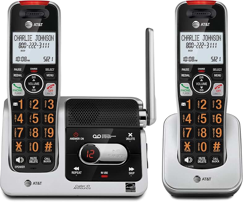 AT&T BL102-2 DECT 6.0 2-Handset Cordless Phone for Home with Answering Machine, Call Blocking, Caller ID Announcer, Audio Assist, Intercom, and Outstanding Range, Silver/Black