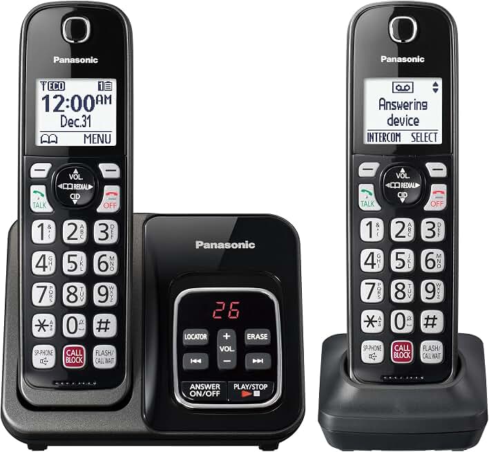 Panasonic Cordless Phone with Answering Machine, Advanced Call Block, Bilingual Caller ID and High-Contrast Display, Expandable System featuring 2 Handset Cordless Telephones - KX-TGD832M (Metallic Black)