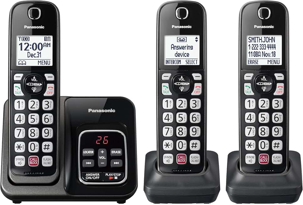 Panasonic Cordless Phone with Answering Machine, Advanced Call Block, Bilingual Caller ID and High-Contrast Display, Expandable System with 3 Cordless Telephones - KX-TGD833M (Metallic Black)