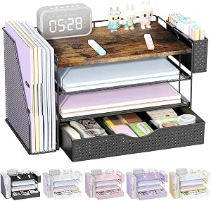 Wooden Desk Organizers and Accessories with File Sorters, 4-Tier Desk Accessories & Workspace Organizers with Drawer and Pen Holder, Desk Reference Organizer (Wood, 4T with Drawer)