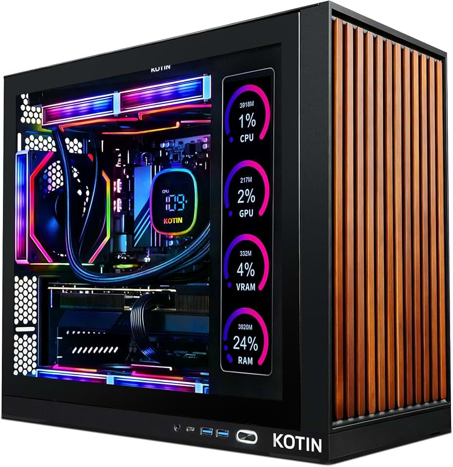 KOTIN Prebuilt Gaming PC RTX 5070 12GB, Ryzen 7 9700X, 32GB DDR5, 1TB SSD | 11.3in Smart Display, 850W 80+ Gold PSU, 360mm Liquid Cooler, WiFi 7, 1440p 4K ARGB Windows 11 Gaming Desktop System Global Recycled Standard