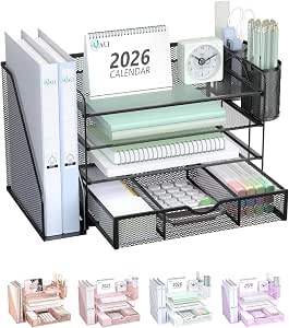 WALI Desk File Organizer, 4 Tier Desktop Paper Letter Tray Organizer with Drawer plus 2 Pen Holders, Office Desk Accessories & Workspace Organizers for Office, Home Supplies(DO005DH-B), 1 Pack, Black