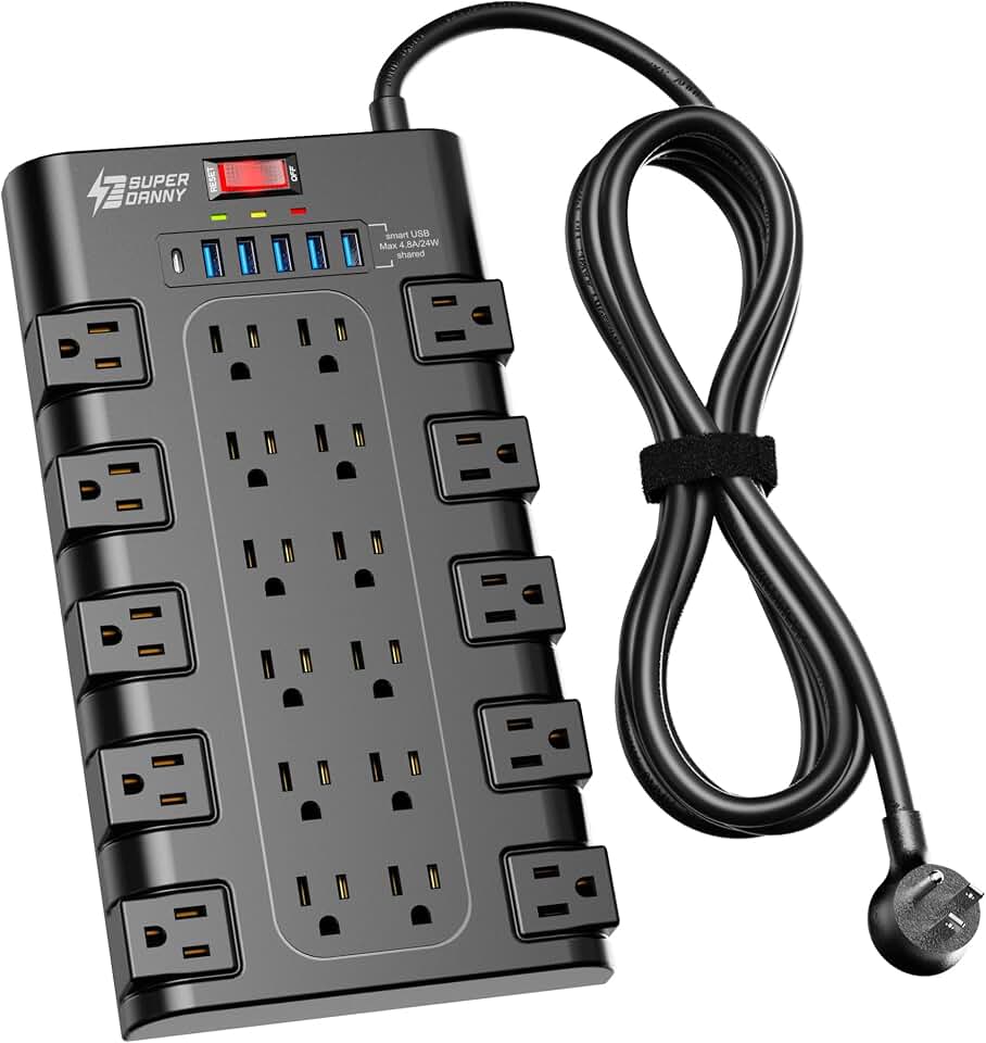 SUPERDANNY Power Strip Surge Protector, 22 AC 6 USB, 2100J, 6.5Ft,1875W/15A | 5A1C, Heavy Duty Extension Cord featuring Multiple Outlets, Flat Plug Outlet Extender for Home, Office, Dorm, Gaming Room, Black