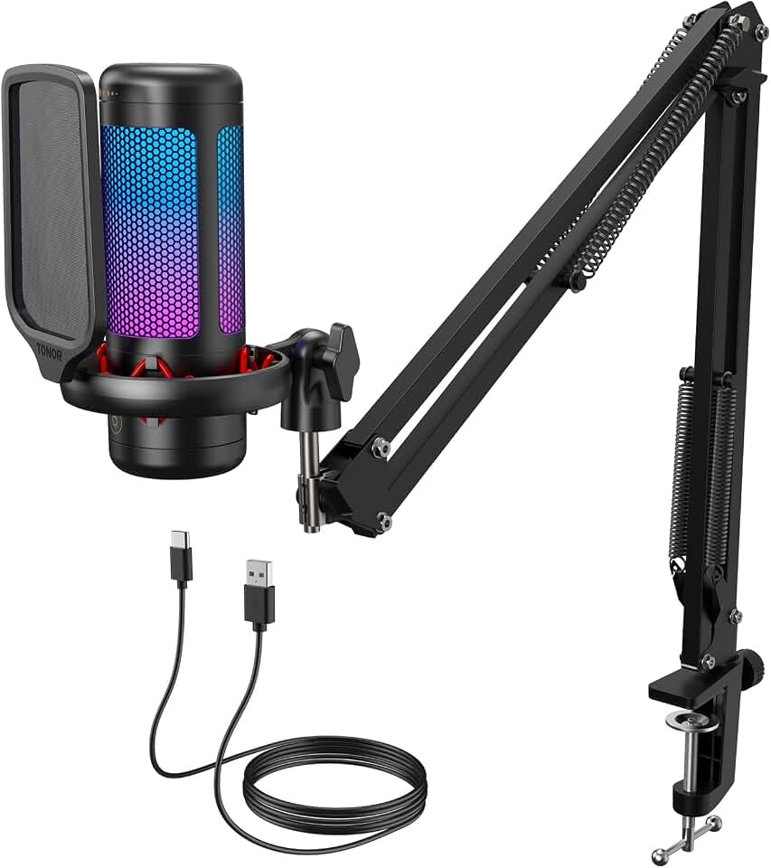 TONOR Gaming Microphone Set with Boom Arm, Vocal Condenser Microphone for Content Creators, USB Mic for PC with Stand, RGB, Tap Mute, Gain Control, Gaming Equipment, Twitch, Streaming, TC310+ | Boom Arm Set, USB Mic with Controllable Light, One Tap Mute, Volume Control, for Discord, Twitch Streaming, Black, TC310+