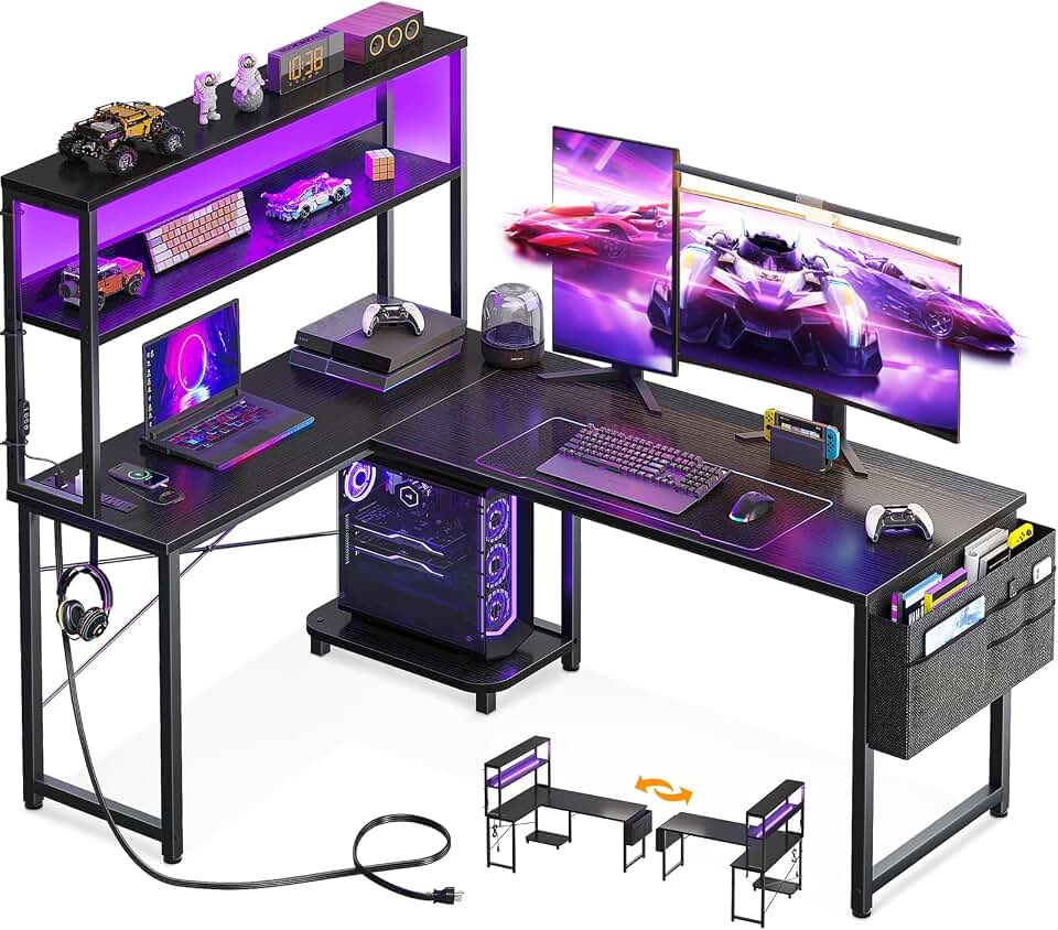 AODK L Shaped Desk Gaming Desk with LED Light &amp; Power Outlet | 53 Inch Black Reversible L Shaped Computer Table featuring Shelf &amp; Storage Bag &amp; Hook for Home Office