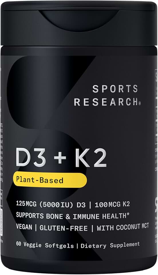 Sports Research® Vegan Vitamin D3 + K2 w/Coconut Oil, 60 Count Plantgels™ | Plant-Based Vitamin D 5000iu/125mcg &amp; Soy-Free Vitamin K 100mcg for Bone &amp; Immune Support - Vegan Certified · Non-GMO